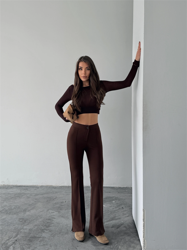 Çimalı Yırtmaç Pantolon  - Kahve