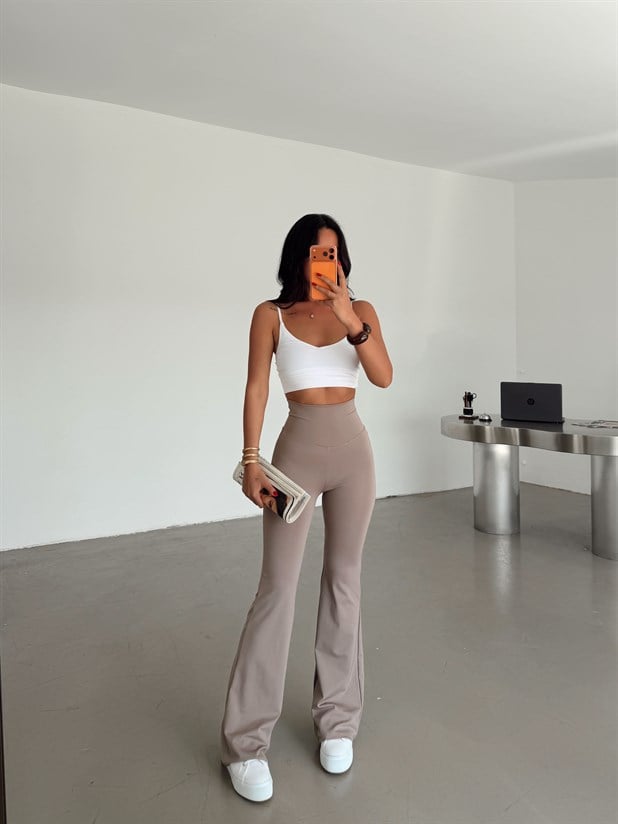 Yüksek Bel İspanyol Paça Tayt - Vizon