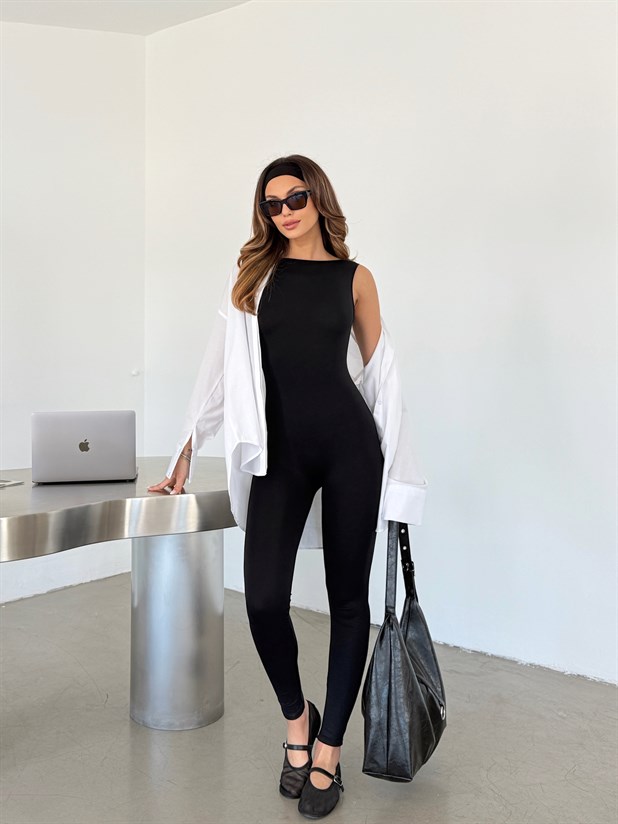 Sırt Detaylı Tayt Tulum - Siyah