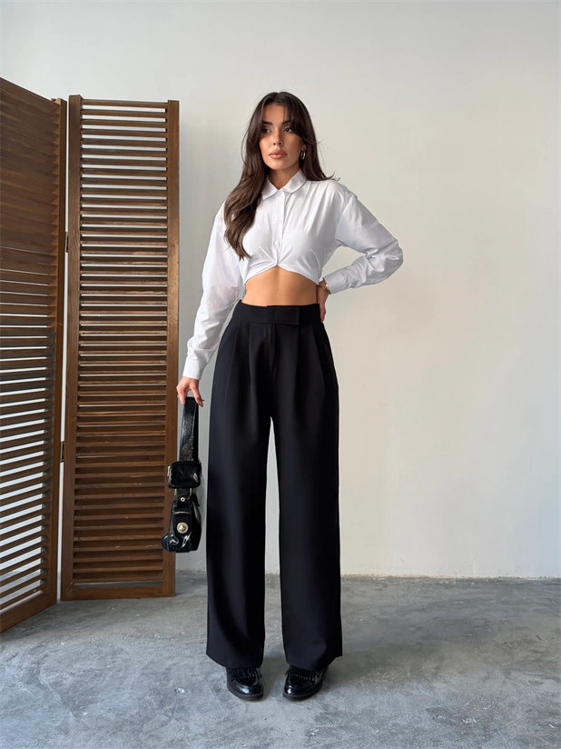 Bel Cırtlı Palazzo Pantolon  - Siyah