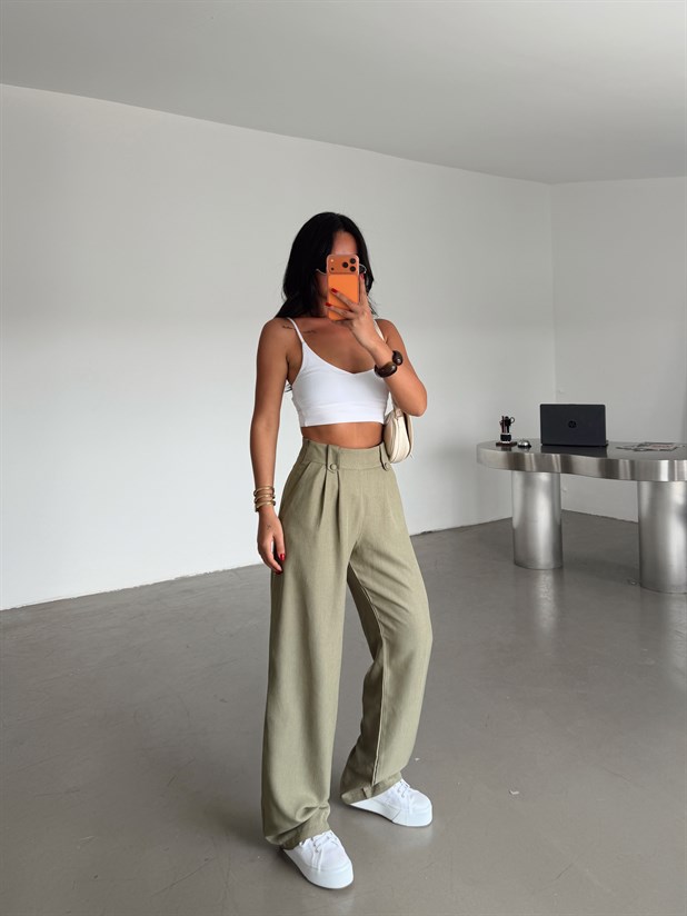 Apoletli Keten Palazzo - Haki