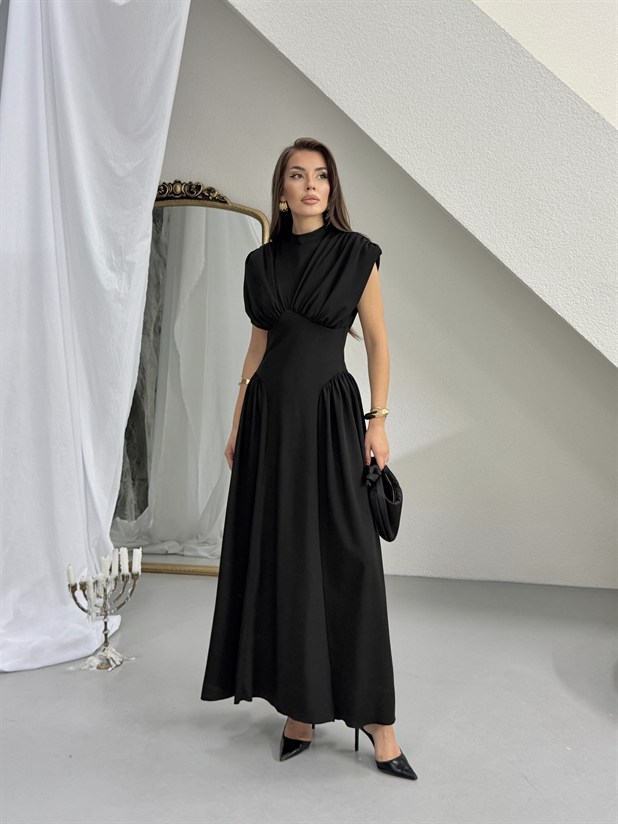 Korse Detaylı Drapeli Elbise - Siyah