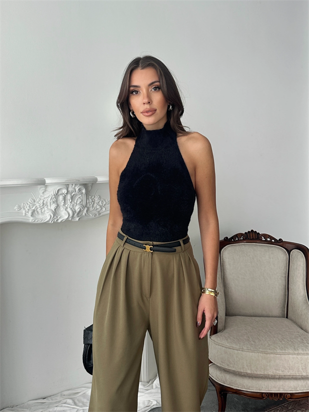 Sıfır Kol Balıkçı Yumoş Bluz - Siyah