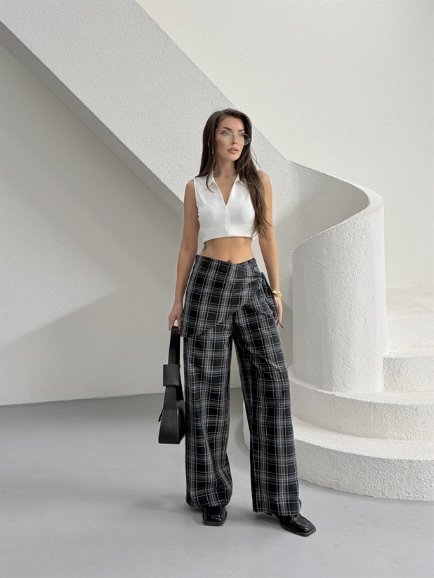 Bel Fular Detay Ekose Pantolon - Siyah