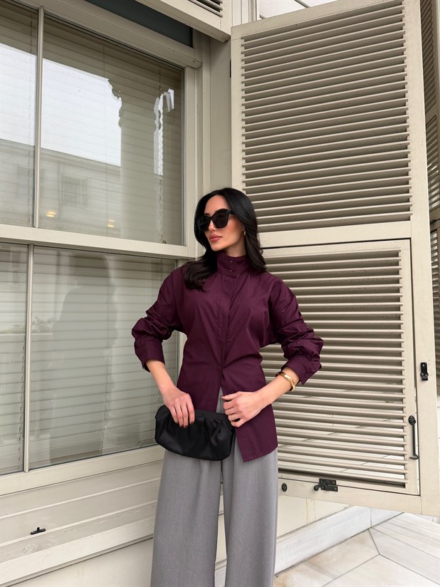 Hakim Yaka Bağlamalı Gömlek - Mürdüm