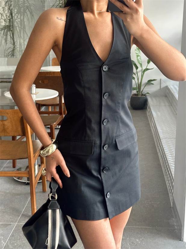 Boyundan Bağlamalı Düğmeli Mini Elbise - Siyah