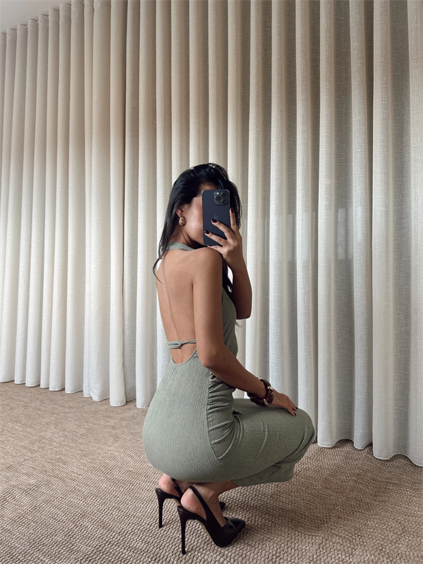 Sırt Dekolte Elbise - Haki