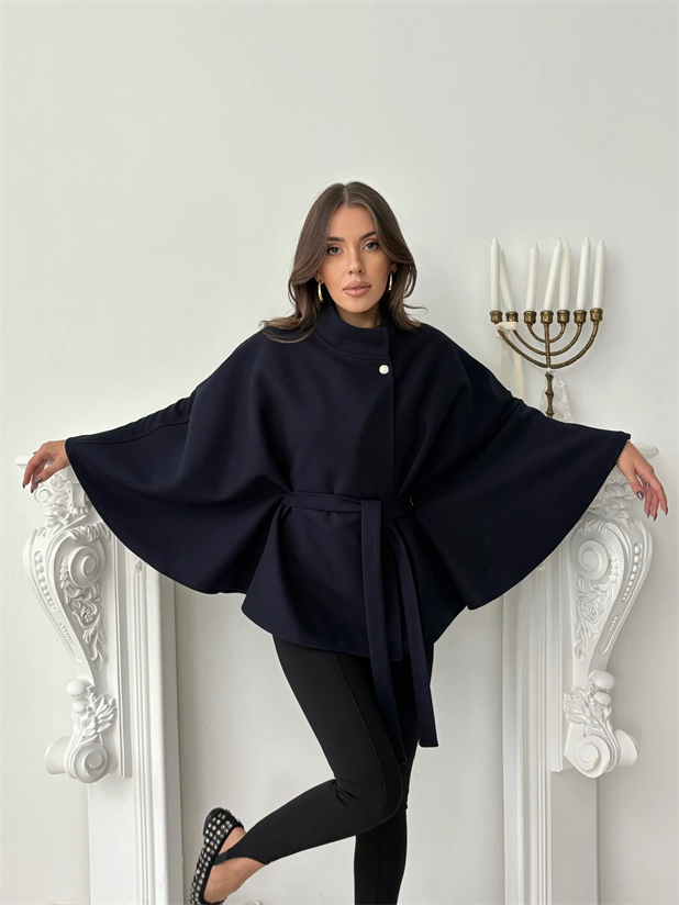 Kaşe Kuşaklı Pelerin Kaban - Lacivert