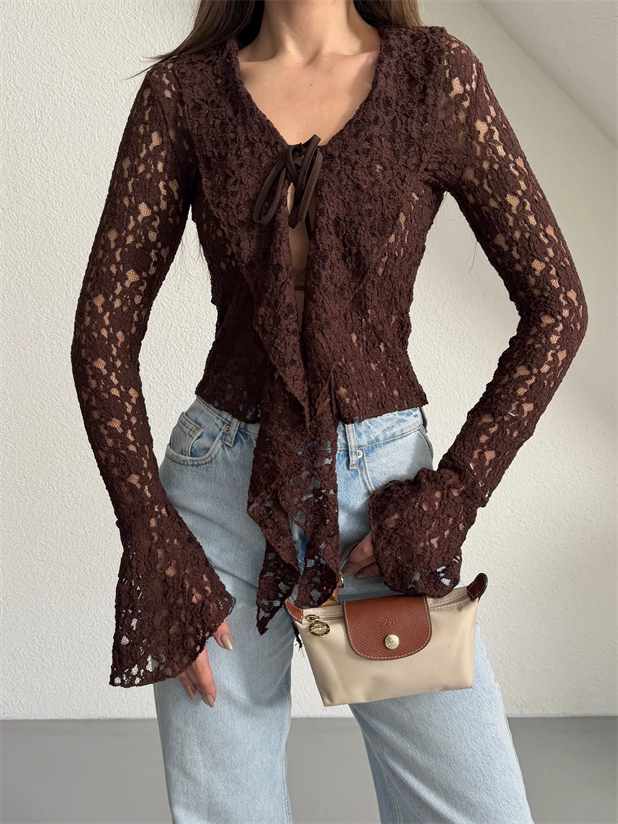 İspanyol Kol Bağcıklı Dantel Bluz - Kahve