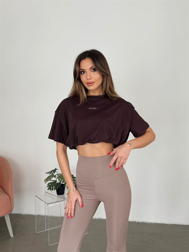 Studio Yazılı Balon T-shirt - Kahve