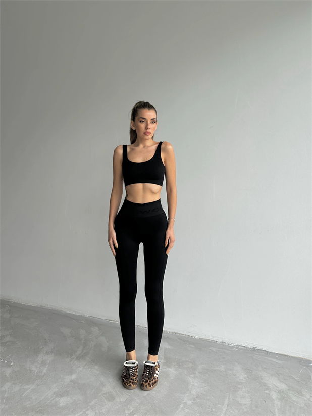 Yan Çizgi Esnek Tayt Siyah - Siyah