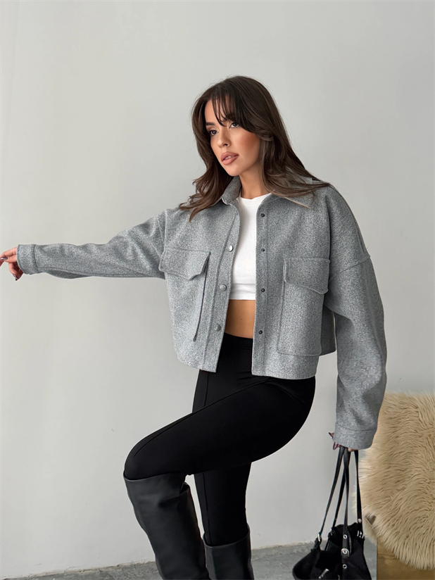 Metal Çıtçıtlı Kaşe Ceket  - Gri