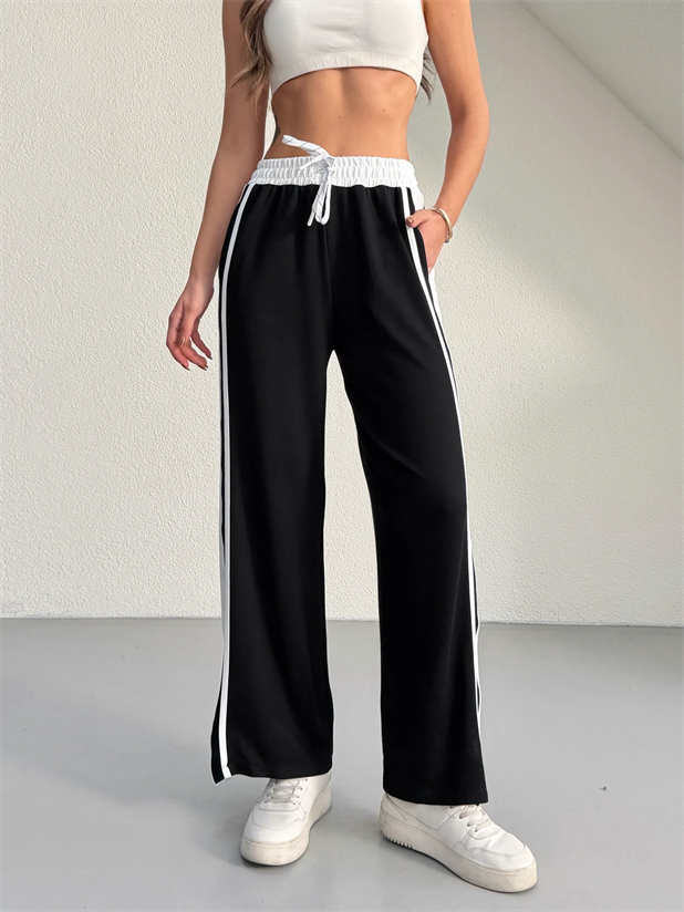 Yan Şerit Bol Paça Eşofman - Siyah