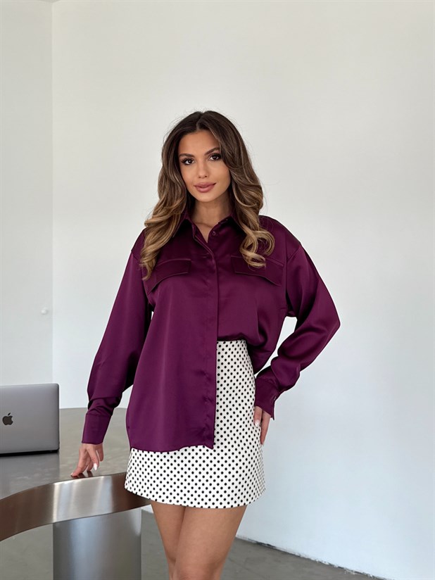 Kapak Cepli Krep Saten Gömlek - Mürdüm