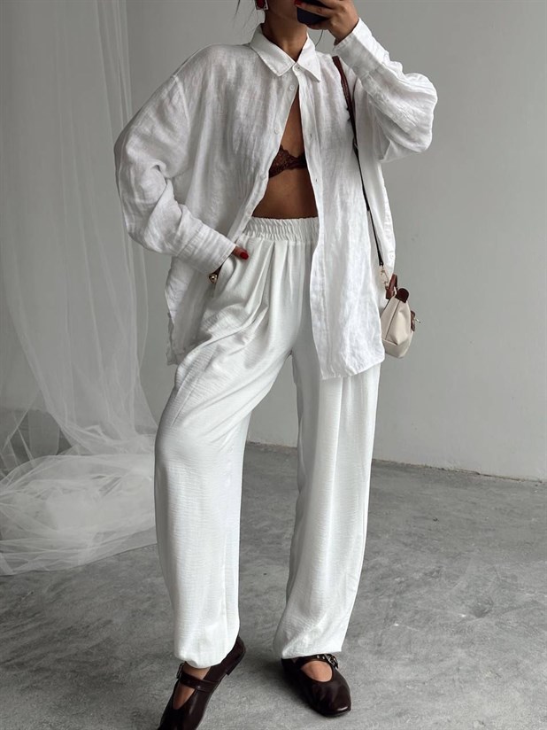 Beli Lastikli Şalvar Pantolon - Beyaz