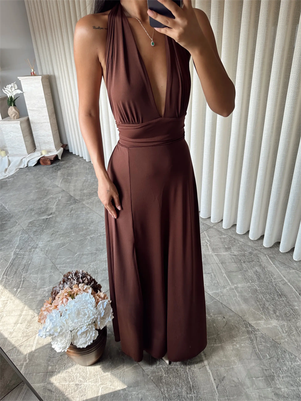 Bel Ve Boyun Bağlamalı Elbise - Kahve