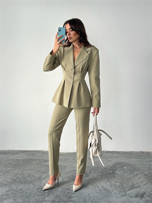 Beli Lastikli Çımalı Pantolon  - Çağla Yeşili