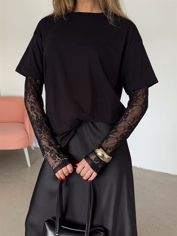 Dantel Kollu Basic T-shirt - Siyah