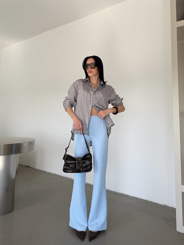 Çizgili Kol Manşet Detaylı Gömlek - Kahve