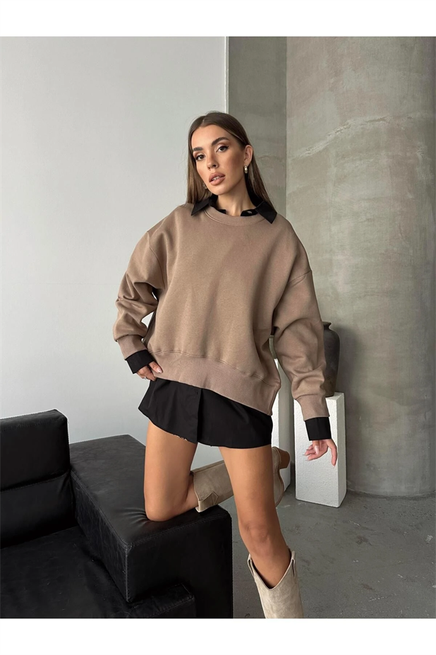 Sage Bisiklet Yaka Sweatshirt Vizon - Vizon