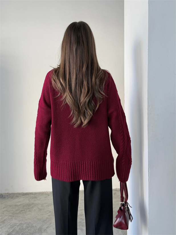 Saç Örgü Desenli Yıkamalı Triko - Bordo