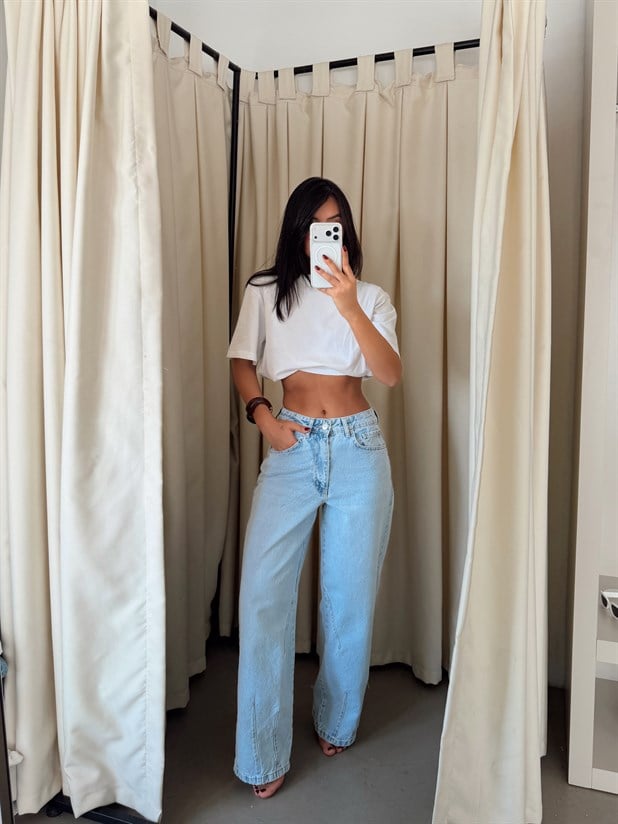 Paça Çift Pensli Boyfriend Jean - Buz Mavi