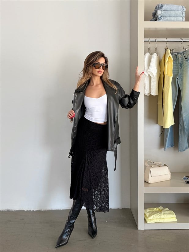 Asimetrik Dantel Etek - Siyah