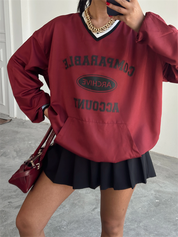 Önü Baskılı Şerit Detay Sweat - Bordo