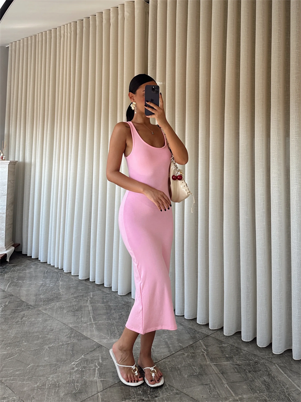 Sıfır Kol Modal Kumaş Elbise - Pembe