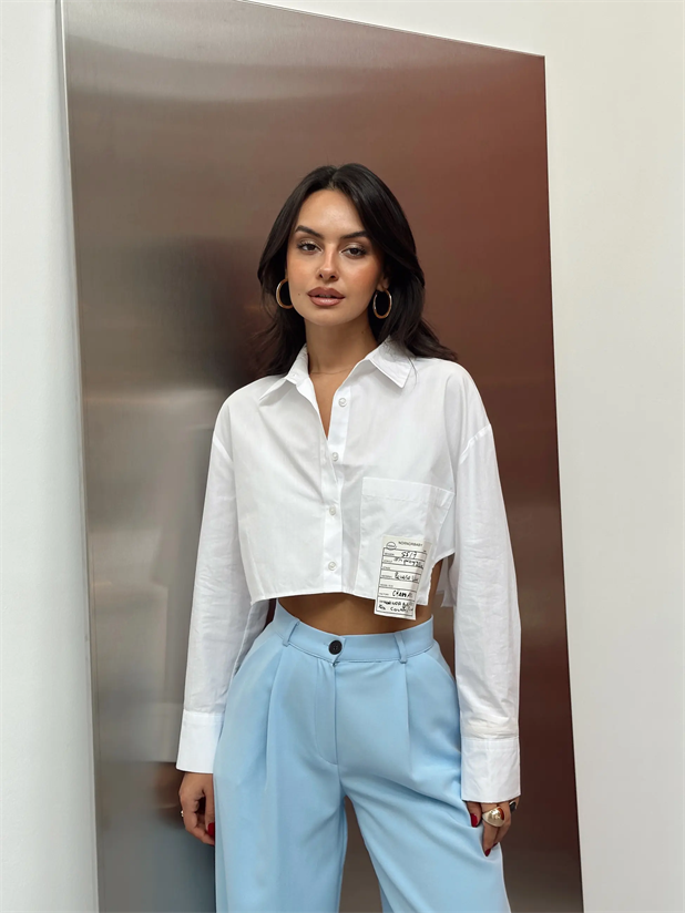 Daisy Cep Üstü Arma Detay Crop Gömlek Beyaz - Beyaz