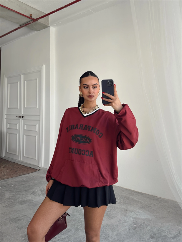 Önü Baskılı Şerit Detay Sweat - Bordo