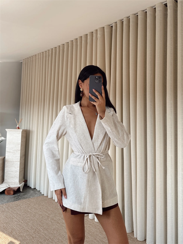 Keten Bağlamalı Blazer Ceket - Ekru