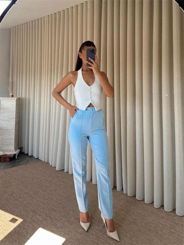 Beli Lastikli Çımalı Pantolon  - Bebe Mavi