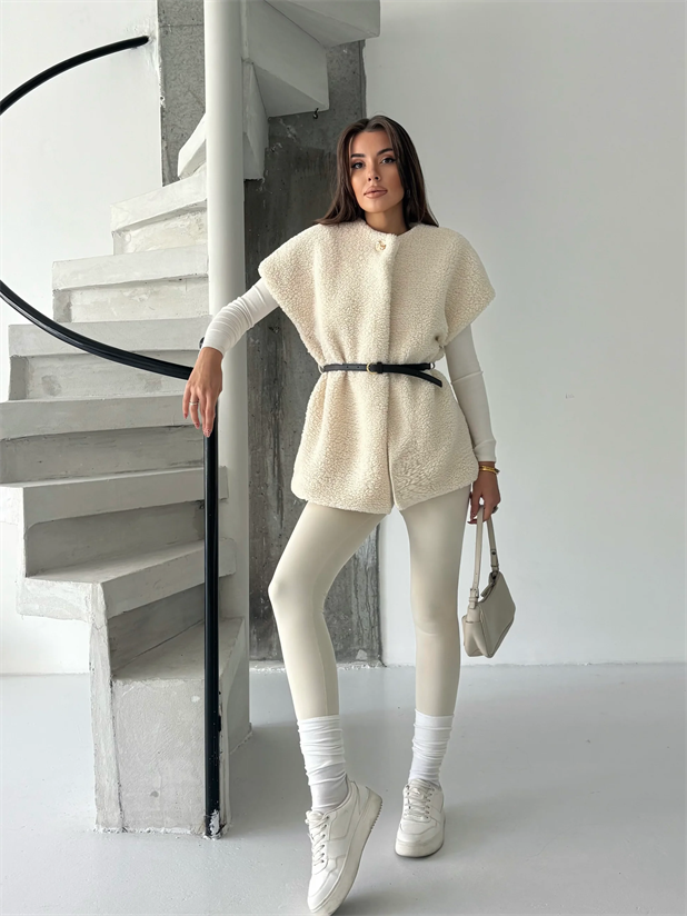 Kemerli Kürk Yelek - Ekru