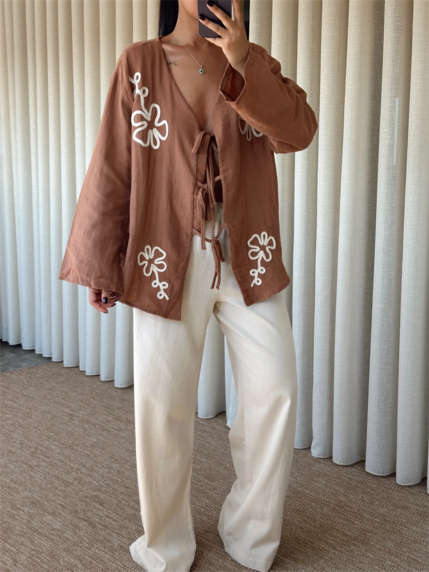 Nakışlı Kimono Takım  - Kahve