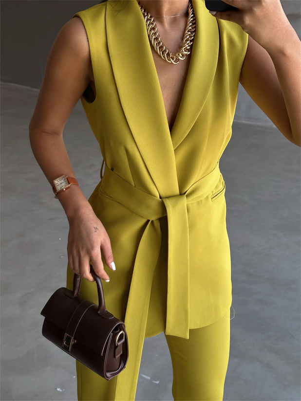 Bağlamalı Blazer Yelek  - Yağ Yeşili