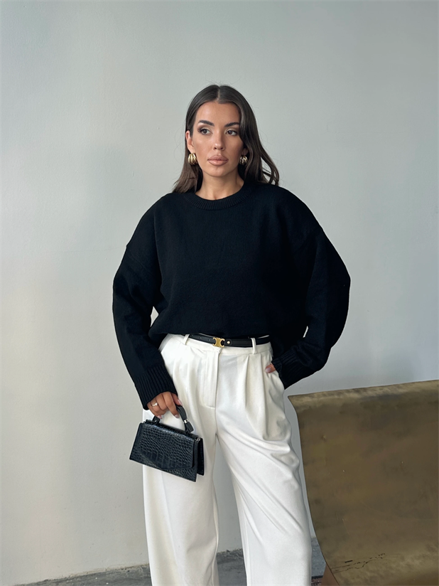 Yıkamalı Şardonlu Triko Kazak - Siyah