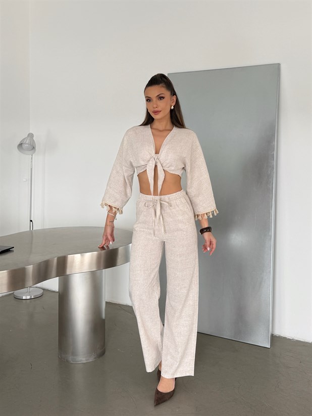 Lastikli Keten Palazzo Pantolon - Krem