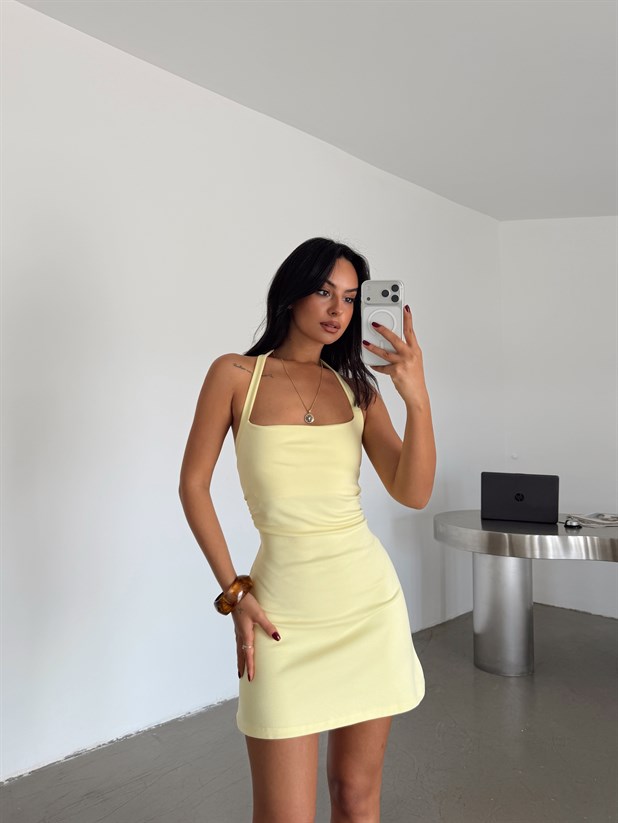 Halter Yaka Mini Elbise - Sarı
