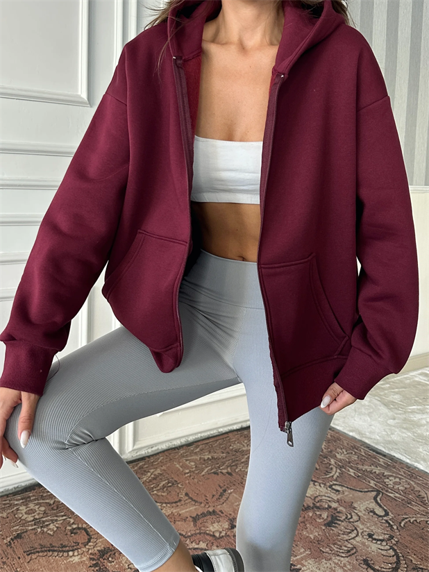 Fermuarlı Cepli Sweat - Bordo