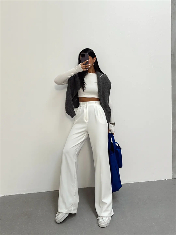 Bel Lastik Palazzo Pantolon - Beyaz