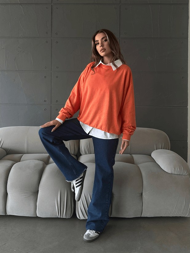 Oversize Yıkama Sweatshirt -Turuncu