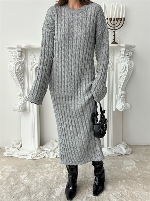 Saç Örgü Triko Elbise - Gri