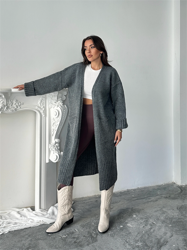 Oversize Uzun Hırka - Füme