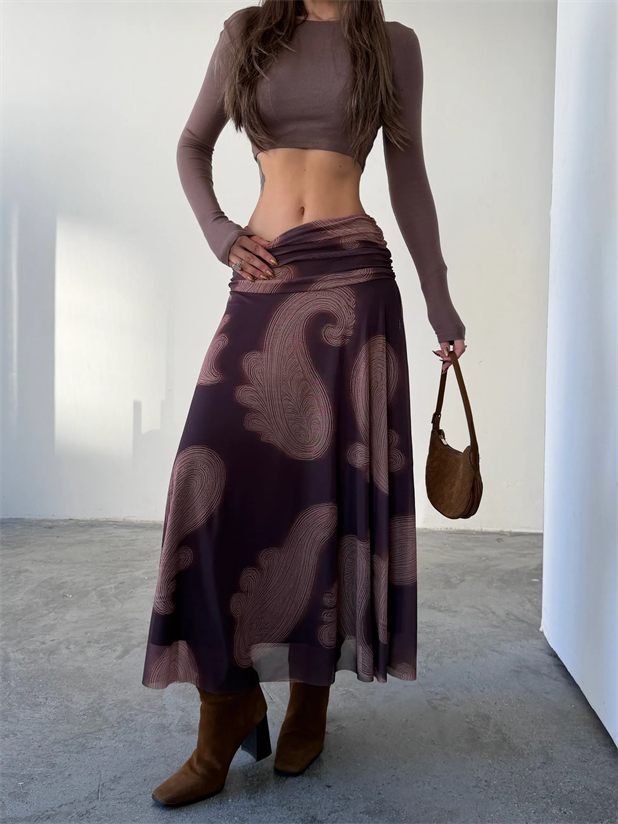 Beli Drapeli Etnik Uzun Etek - Kahve