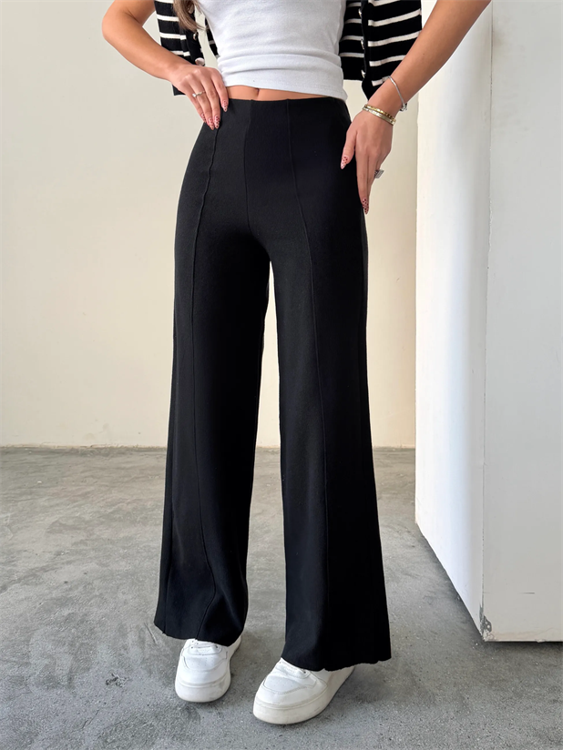 Çimalı Bel Lastik Selanik Pantolon - Siyah