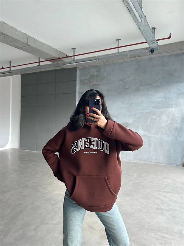 Queens Üç İplik Kapüşonlu Oversize Sweat Kahverengi - Kahverengi