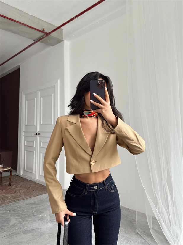 Tek Düğme Crop Blazer Vizon - Vizon