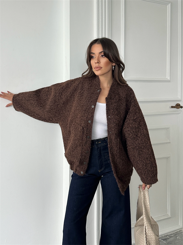 Kırçıllı Kaşe Mont - Koyu Kahve