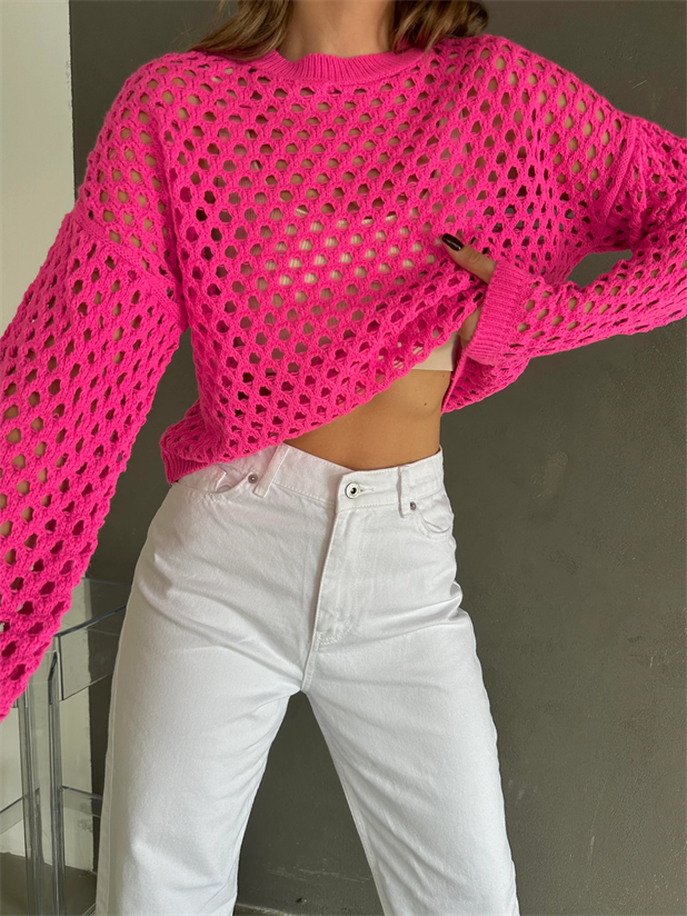 Delik Detaylı Trend Kazak Pembe - Pembe